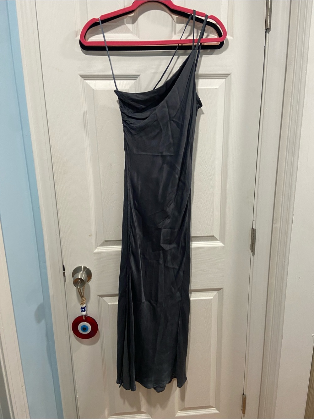 Asymmetric One-Shoulder Slip Dress in navy